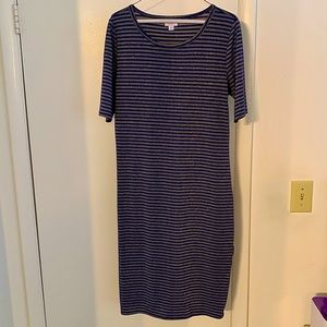 Lularoe Julia dress. Large (12-14) Navy with gold pinstripes